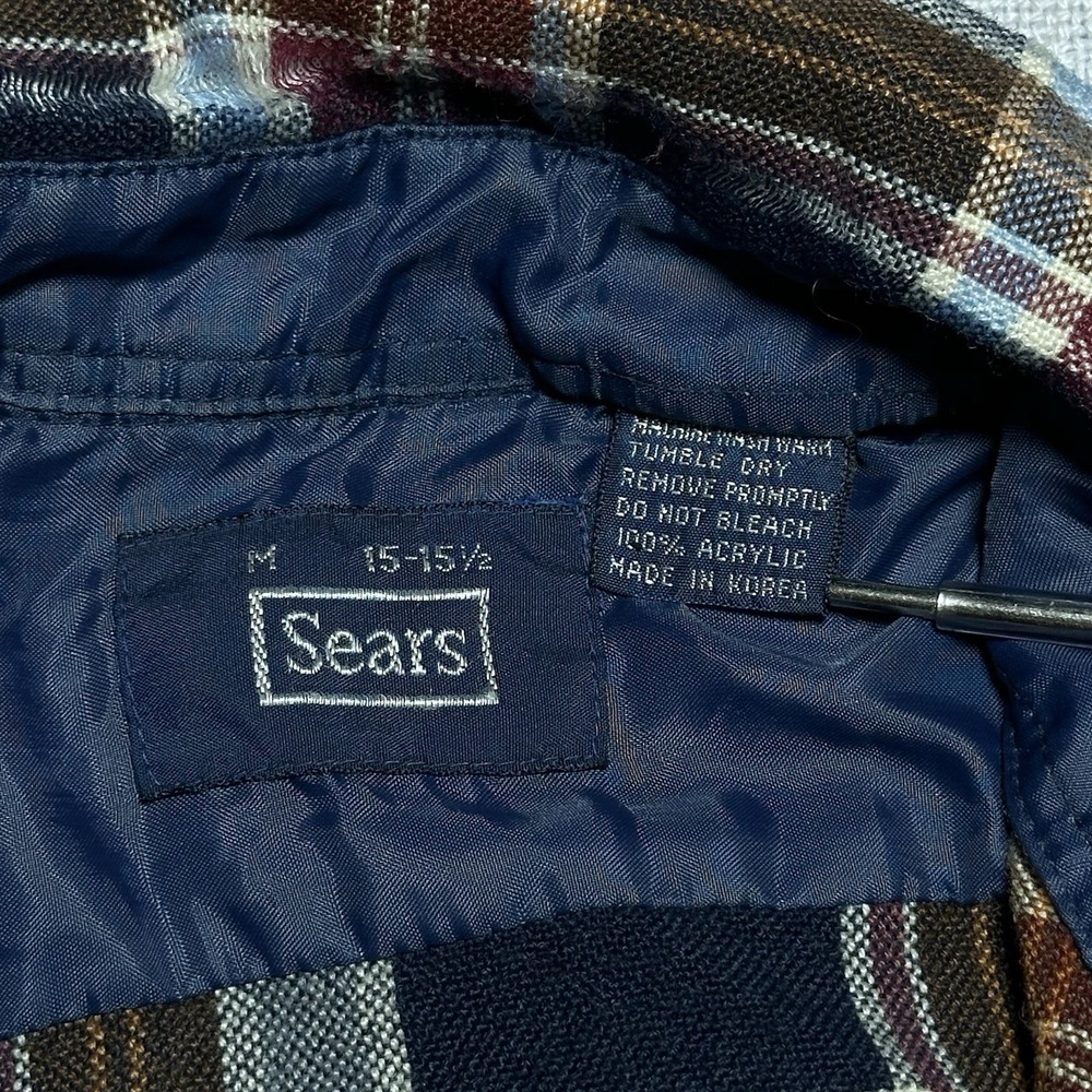 Vintage 70s 80s Sears Flannel Shirt Mens Medium Navy Plaid Acrylic‎ Dual Pocket - Picture 7 of 13